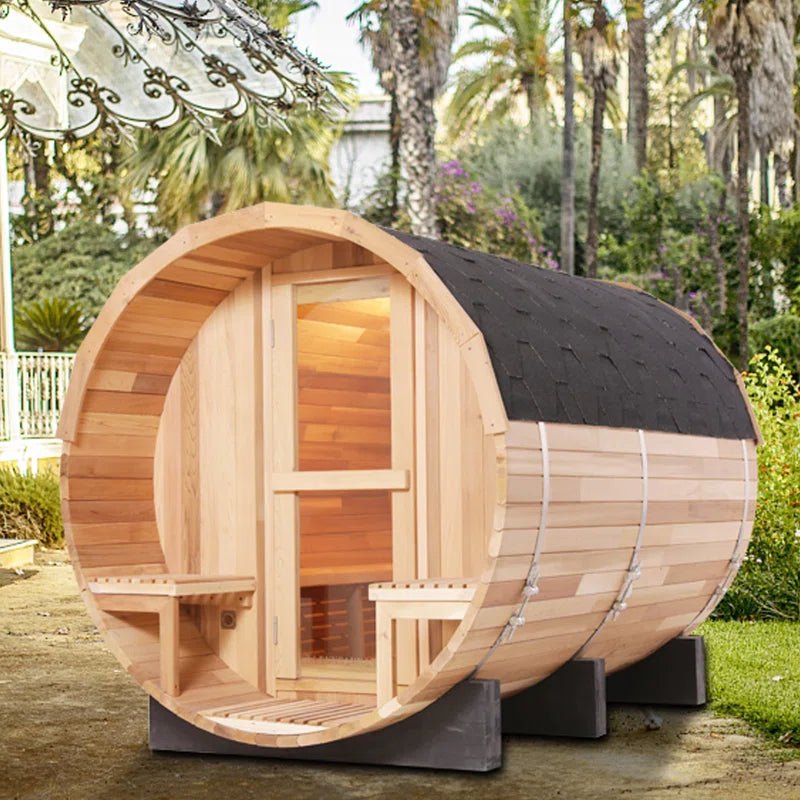 6-Person Patchworkred Cedar Traditional Steam Barrel Sauna - The Vitality Estate