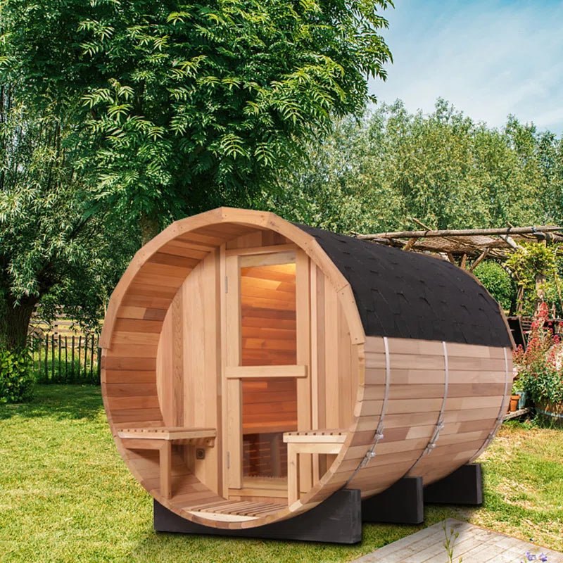 6-Person Patchworkred Cedar Traditional Steam Barrel Sauna - The Vitality Estate