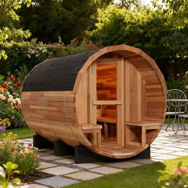6-Person Patchworkred Cedar Traditional Steam Barrel Sauna - The Vitality Estate