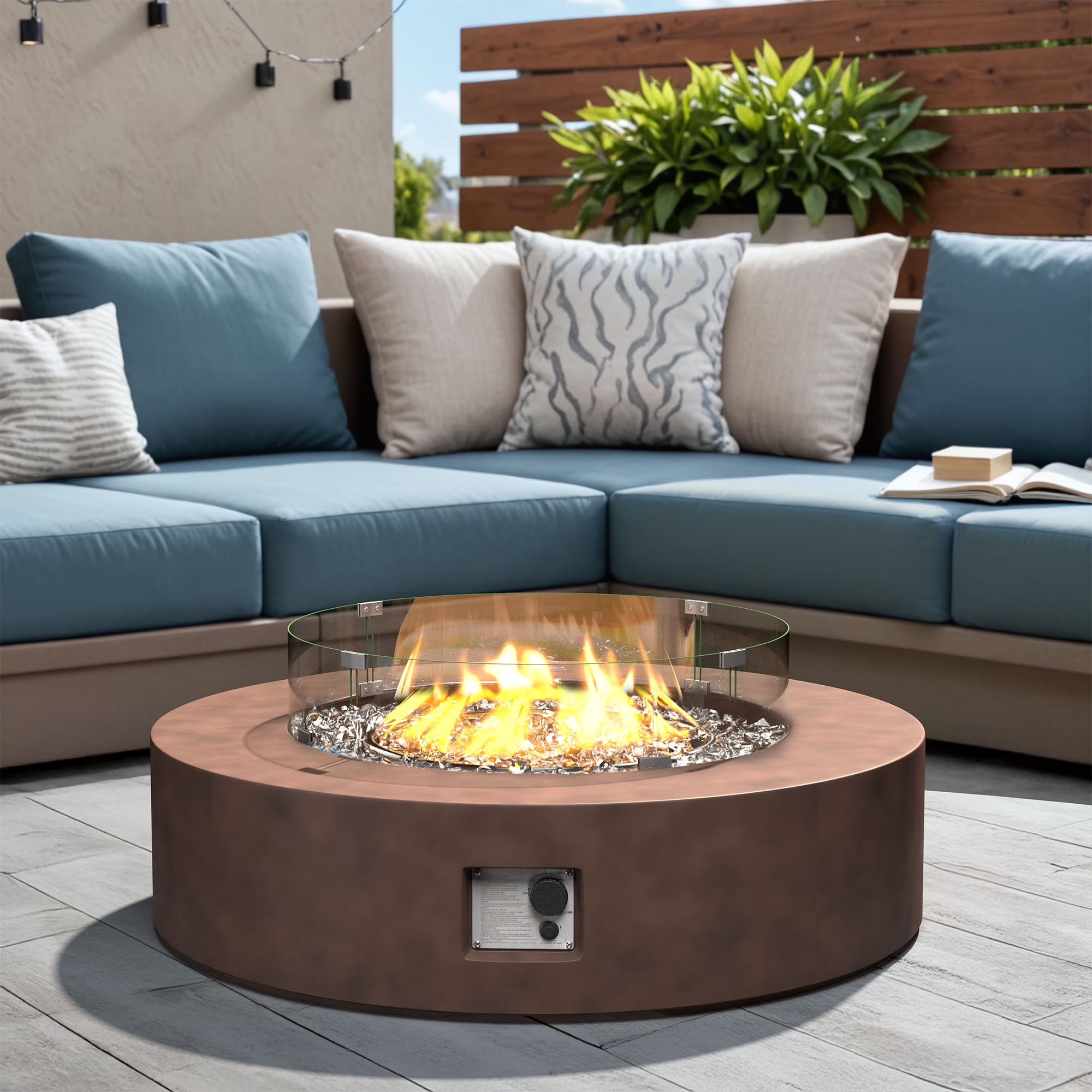 MGO Outdoor Propane Fire Pit Table with Wind Guard, Transparent Gray Fire Glass, Waterproof Cover for Garden, Backyard