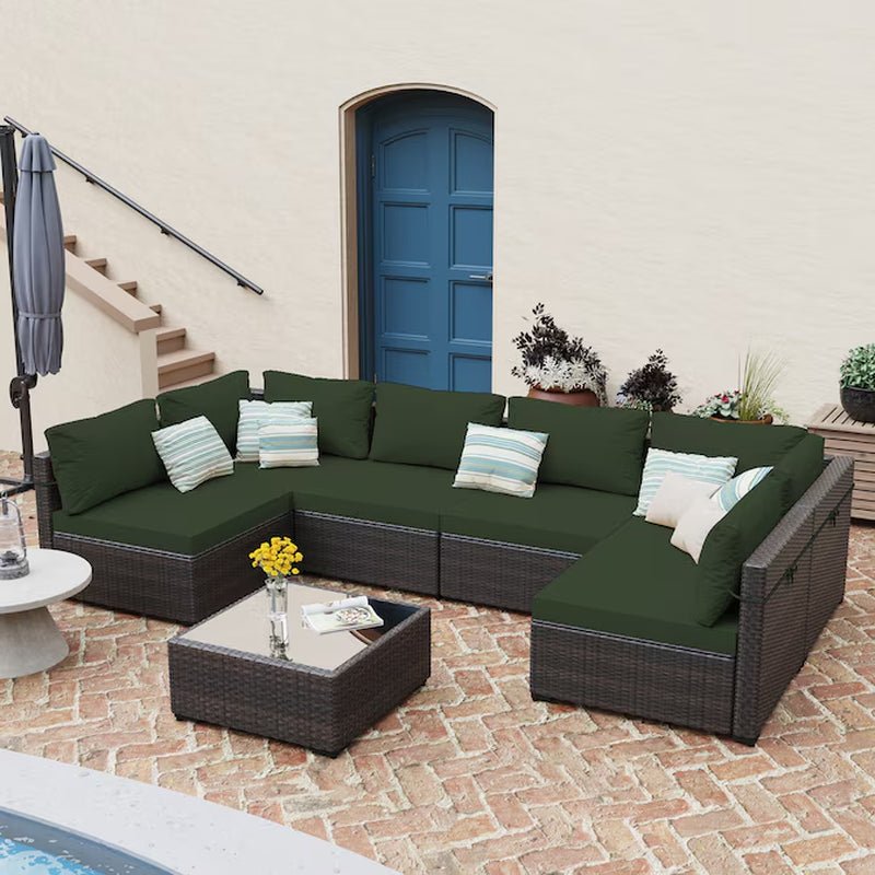 7 -Piece Rattan Patio Conversation Set with Green Cushions - The Vitality Estate