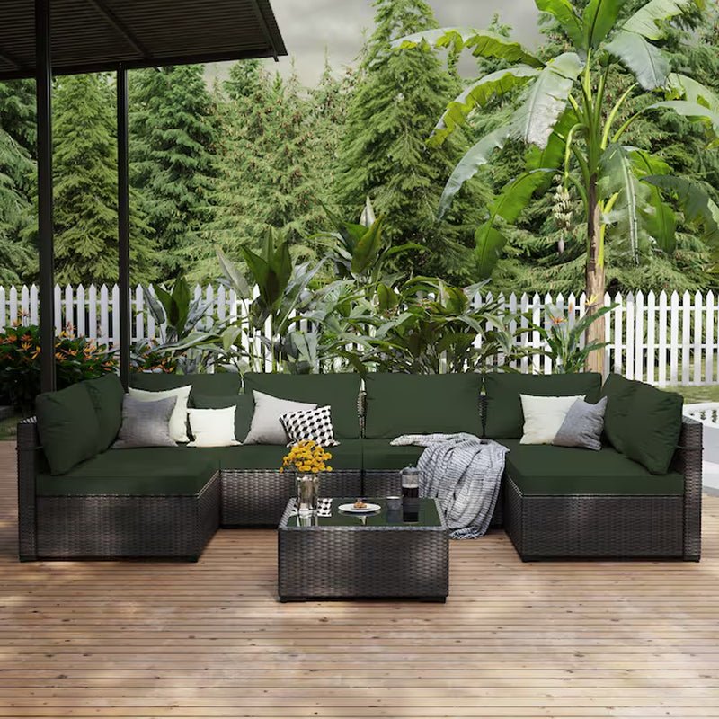 7 -Piece Rattan Patio Conversation Set with Green Cushions - The Vitality Estate