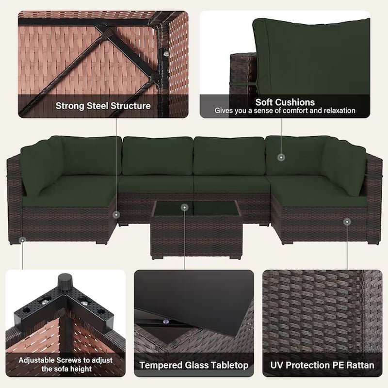 7 -Piece Rattan Patio Conversation Set with Green Cushions - The Vitality Estate