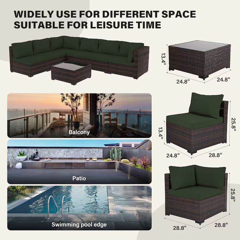 7 -Piece Rattan Patio Conversation Set with Green Cushions - The Vitality Estate