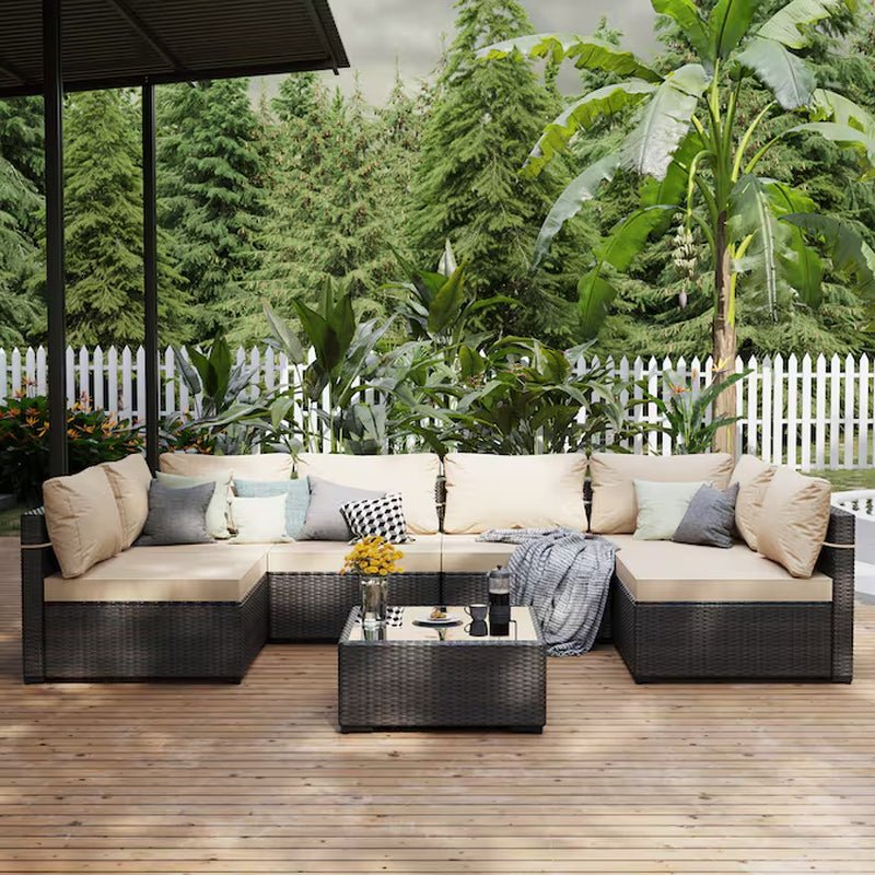 7 -Piece Rattan Patio Conversation Set with Green Cushions - The Vitality Estate