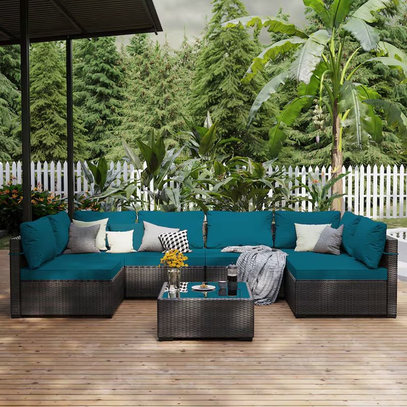7 -Piece Rattan Patio Conversation Set with Green Cushions - The Vitality Estate