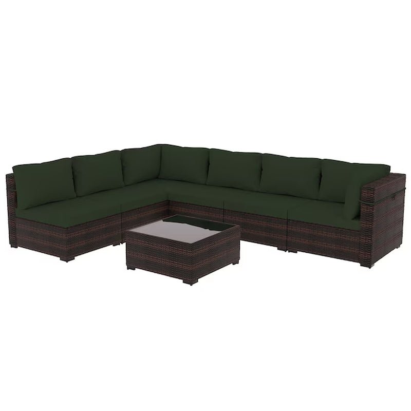 7 -Piece Rattan Patio Conversation Set with Green Cushions - The Vitality Estate