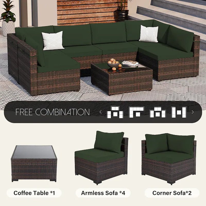 7 -Piece Rattan Patio Conversation Set with Green Cushions - The Vitality Estate