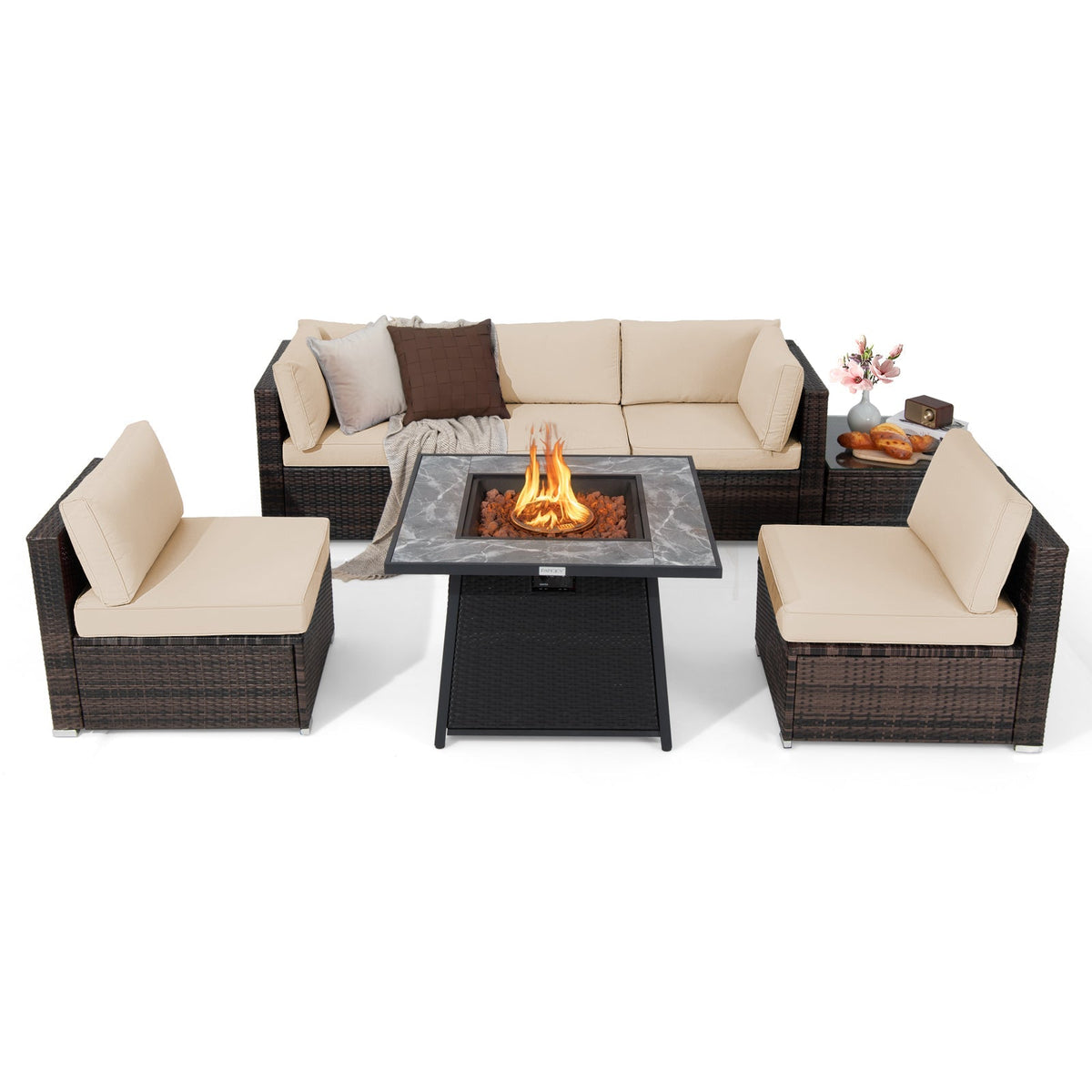 7 Pieces Patio Furniture Set with 35 Inches 50000 BTU Propane Gas Fire Pit Table and Waterproof Cover for Firpit-Beige - The Vitality Estate