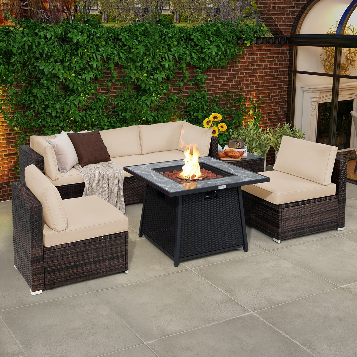 7 Pieces Patio Furniture Set with 35 Inches 50000 BTU Propane Gas Fire Pit Table and Waterproof Cover for Firpit-Beige - The Vitality Estate