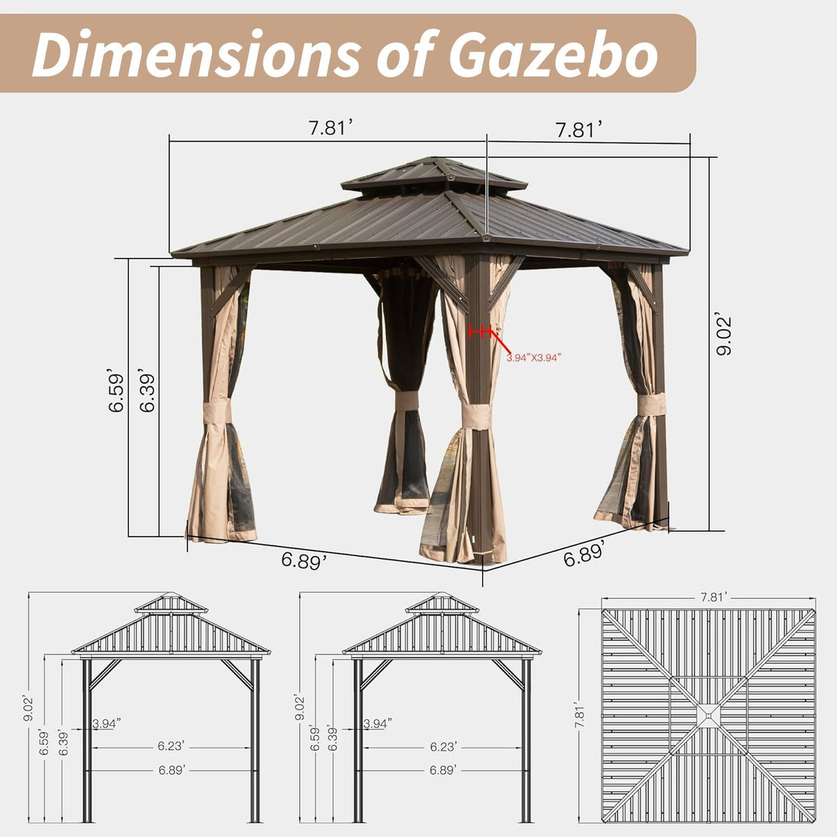 8' x 8' Hardtop Gazebo with Aluminum Frame and Double Roof Canopy - The Vitality Estate