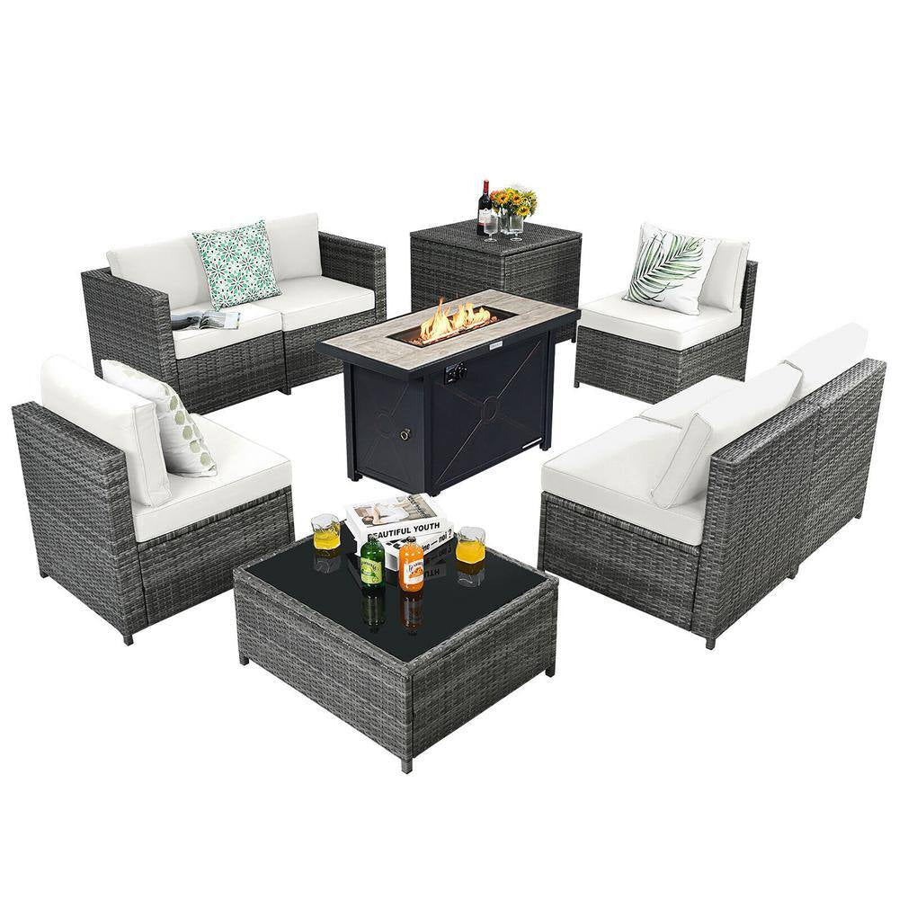 9-Pieces Patio Rattan Furniture Set Fire Pit Table Storage Black with Cover off White - The Vitality Estate