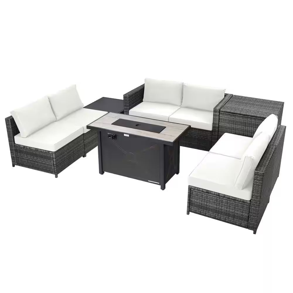 9-Pieces Patio Rattan Furniture Set Fire Pit Table Storage Black with Cover off White - The Vitality Estate