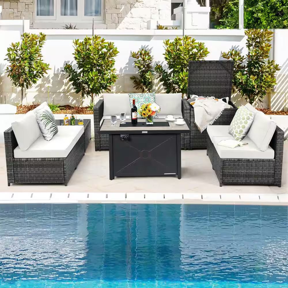 9-Pieces Patio Rattan Furniture Set Fire Pit Table Storage Black with Cover off White - The Vitality Estate