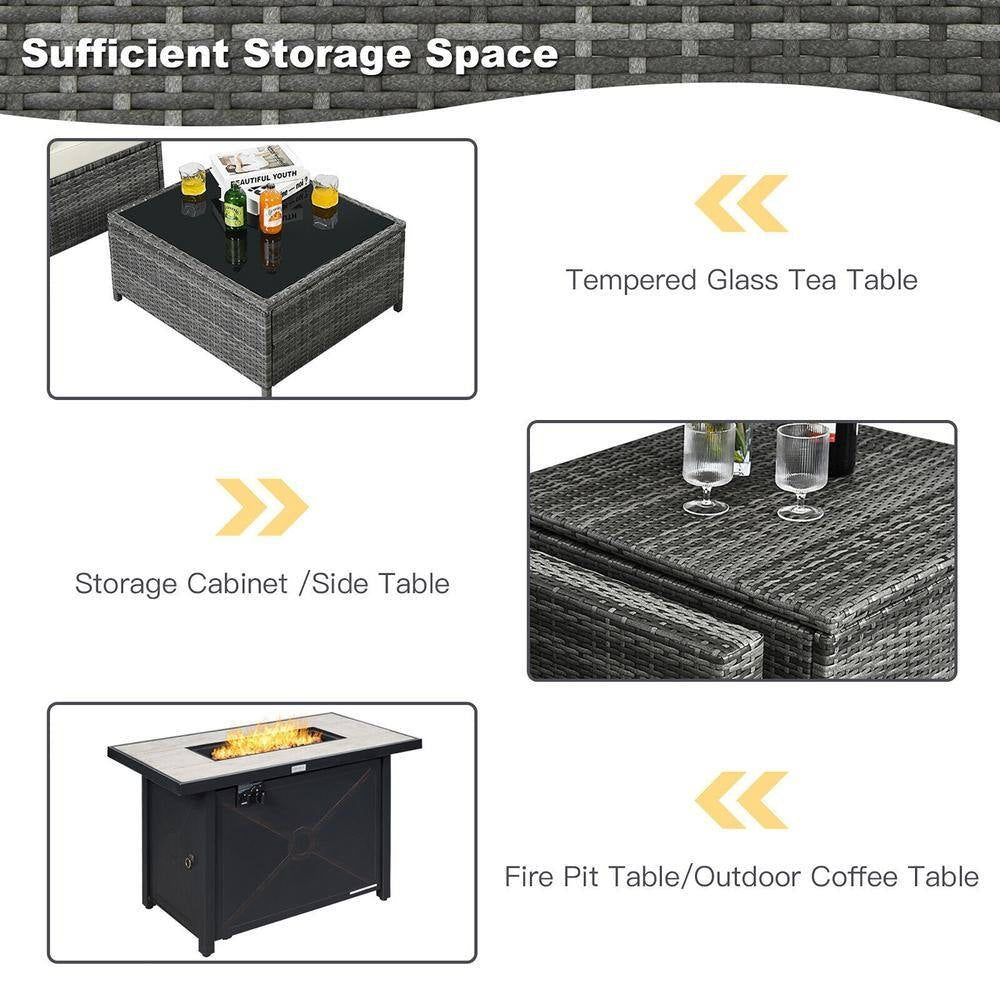 9-Pieces Patio Rattan Furniture Set Fire Pit Table Storage Black with Cover off White - The Vitality Estate