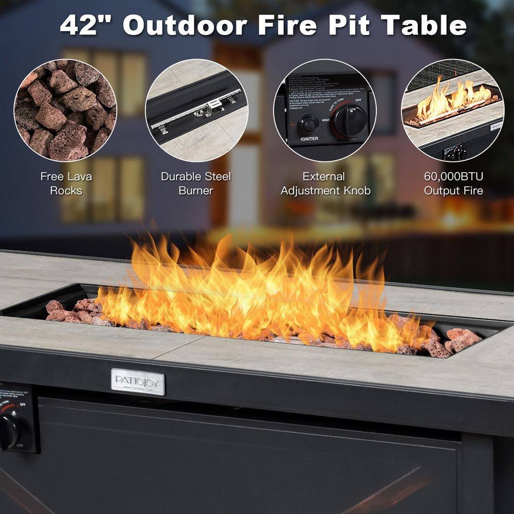 9-Pieces Patio Rattan Furniture Set Fire Pit Table Storage Black with Cover off White - The Vitality Estate