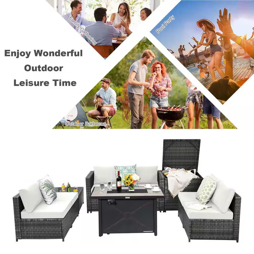 9-Pieces Patio Rattan Furniture Set Fire Pit Table Storage Black with Cover off White - The Vitality Estate