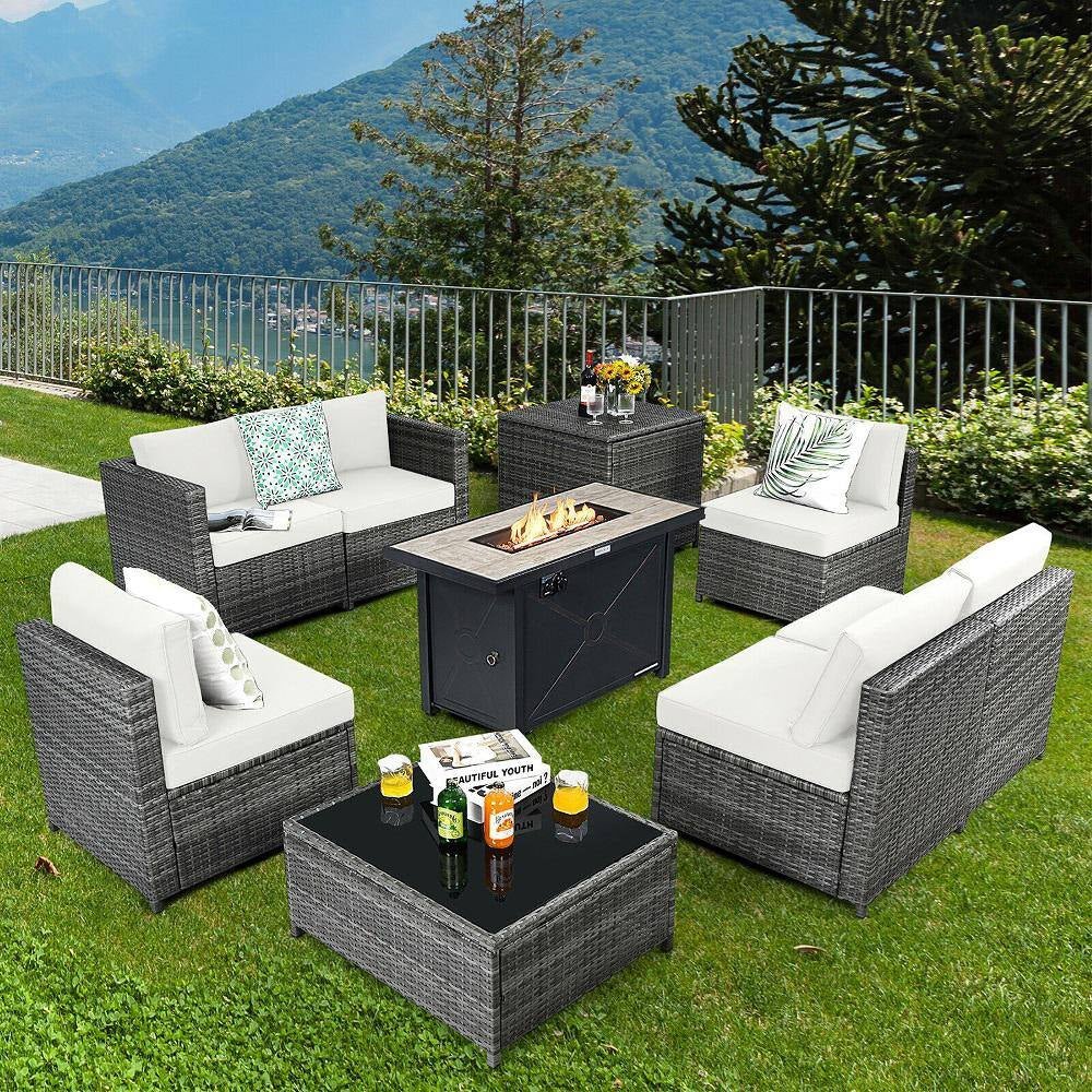 9-Pieces Patio Rattan Furniture Set Fire Pit Table Storage Black with Cover off White - The Vitality Estate