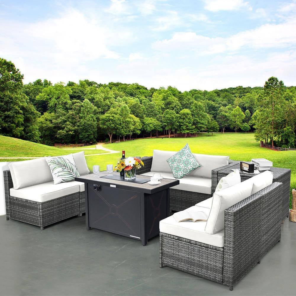 9-Pieces Patio Rattan Furniture Set Fire Pit Table Storage Black with Cover off White - The Vitality Estate
