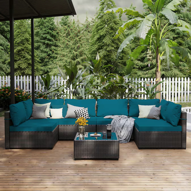 7 -Piece Rattan Patio Conversation Set with Green Cushions