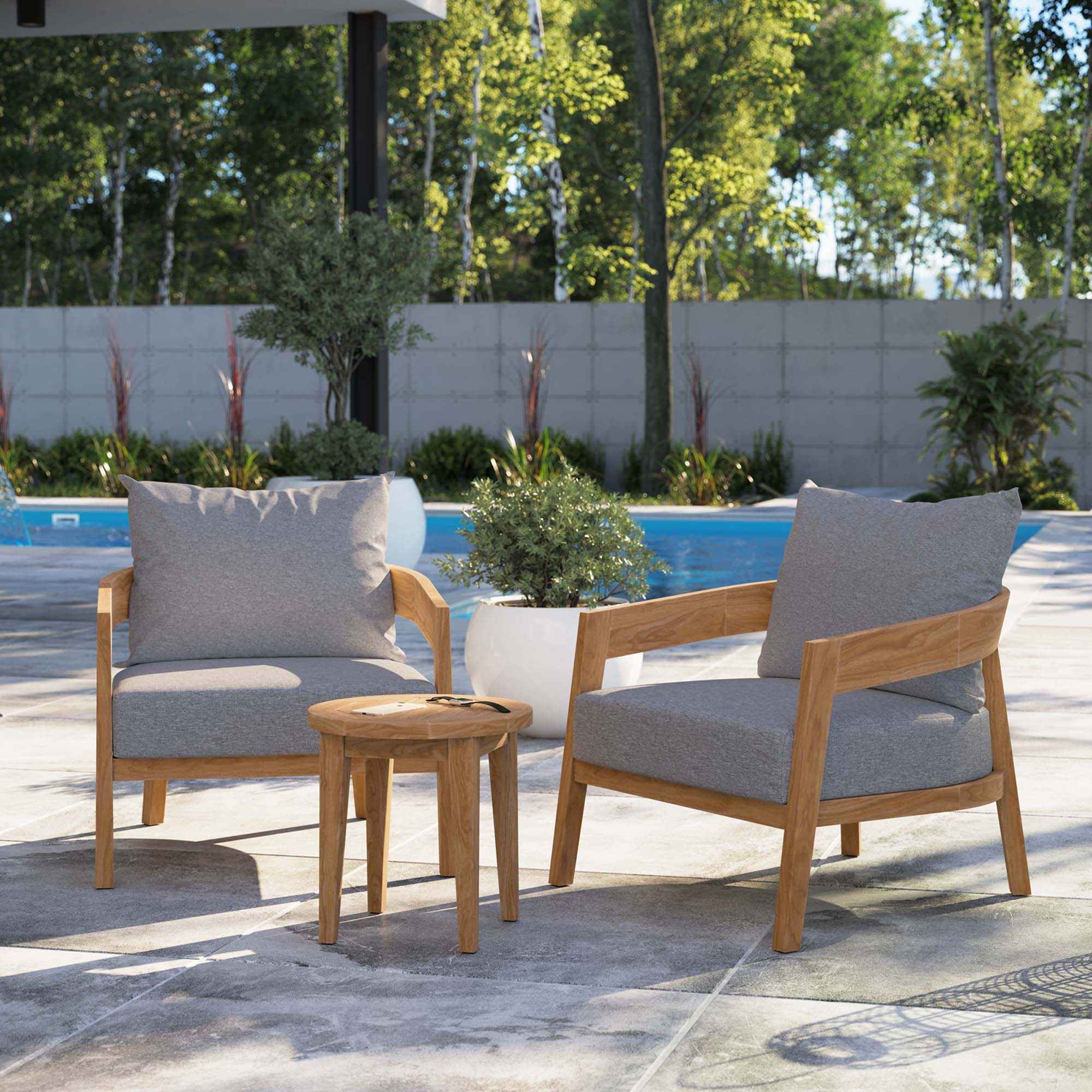 Modway Brisbane Outdoor Patio Set - 3-Piece Grey Teak Furniture for Stylish Patios