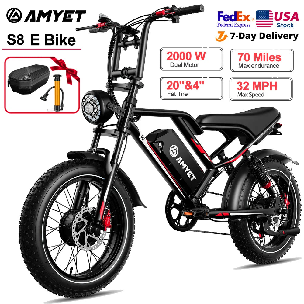 AMYET S8 Adults Electric Bike 2000W Dual Motor Bicycle 48V 25AH Battery 20" Ebike Electric E Bikes Mountain Moped Ebikes