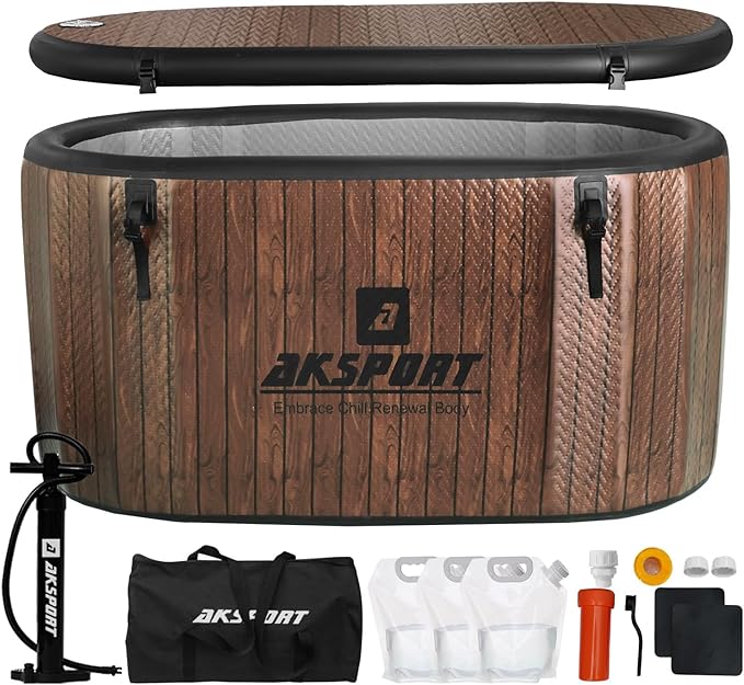 AKSPORT Ice Bath Tub for Athletes, 238 Gallons Inflatable Cold Plunge Tub Compatible with Water Chillers,Icebath for Recovery & Cold Water Therapy, Portable Bathtub for Indoor & Outdoor-Wood - The Vitality Estate