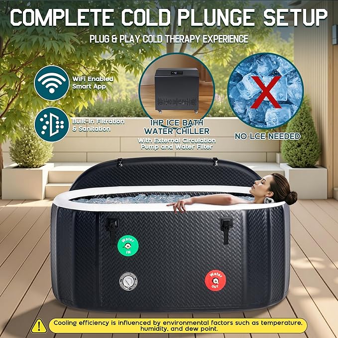 Albott Cold Plunge Tub with 1HP Chiller, Inflatable Ice Bath Tub with App Control, UV/Ozone System, Insulated Lid & Wheels, Full-Body Recovery Tub for Athletes, 150 Gal, 59"x32"x28" - The Vitality Estate