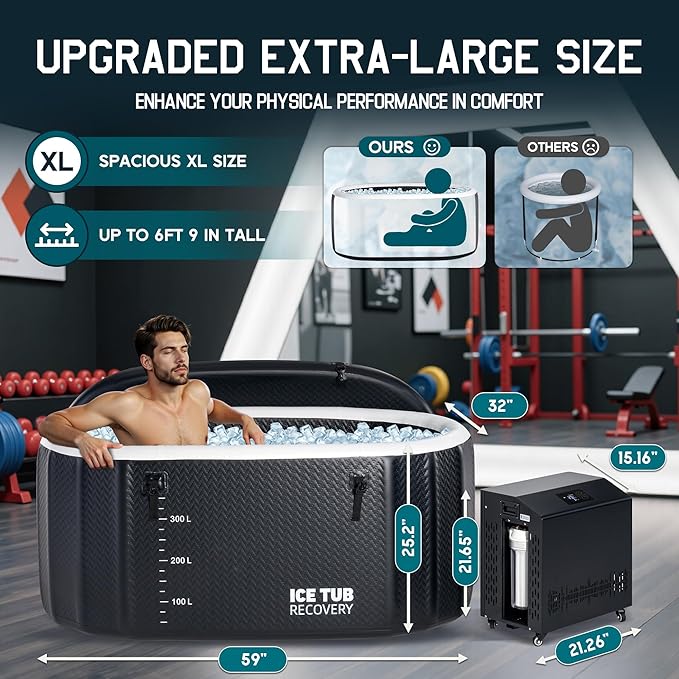 Albott Cold Plunge Tub with 1HP Chiller, Inflatable Ice Bath Tub with App Control, UV/Ozone System, Insulated Lid & Wheels, Full-Body Recovery Tub for Athletes, 150 Gal, 59"x32"x28" - The Vitality Estate