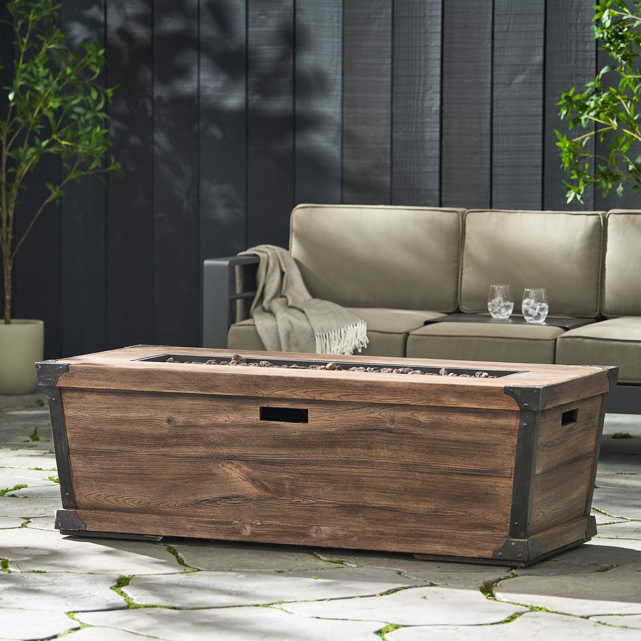 Alora 56-Inch Outdoor 50K BTU Wood Pattern Rectangle Gas Burning Fire Pit (SAK43681) - The Vitality Estate