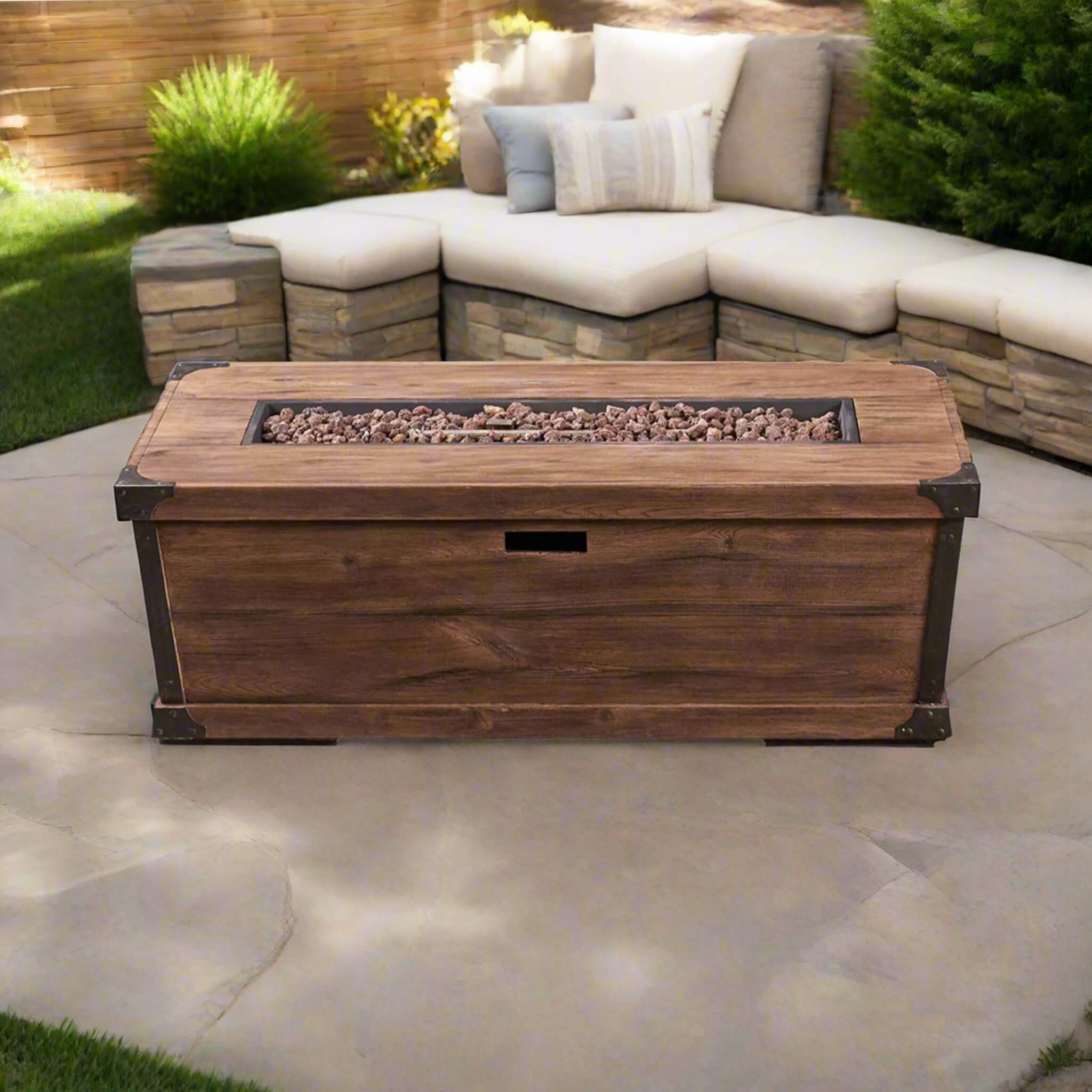 Alora 56-Inch Outdoor 50K BTU Wood Pattern Rectangle Gas Burning Fire Pit (SAK43681) - The Vitality Estate
