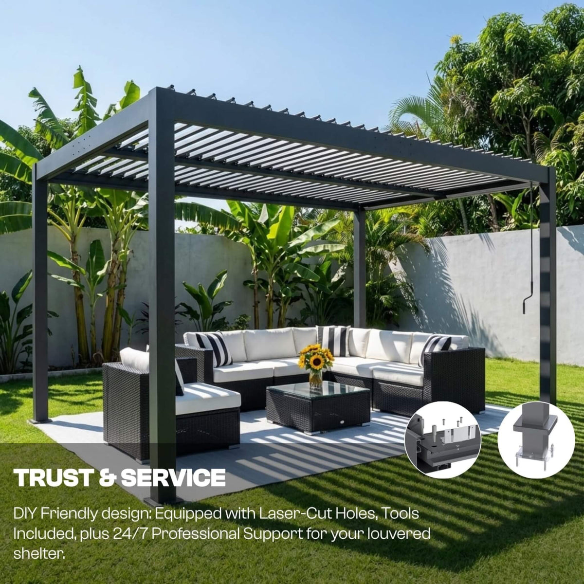 Alora Aluminum Louvered Pergola Kit With Adjustable Roof & Drainage (SAK94316) - The Vitality Estate
