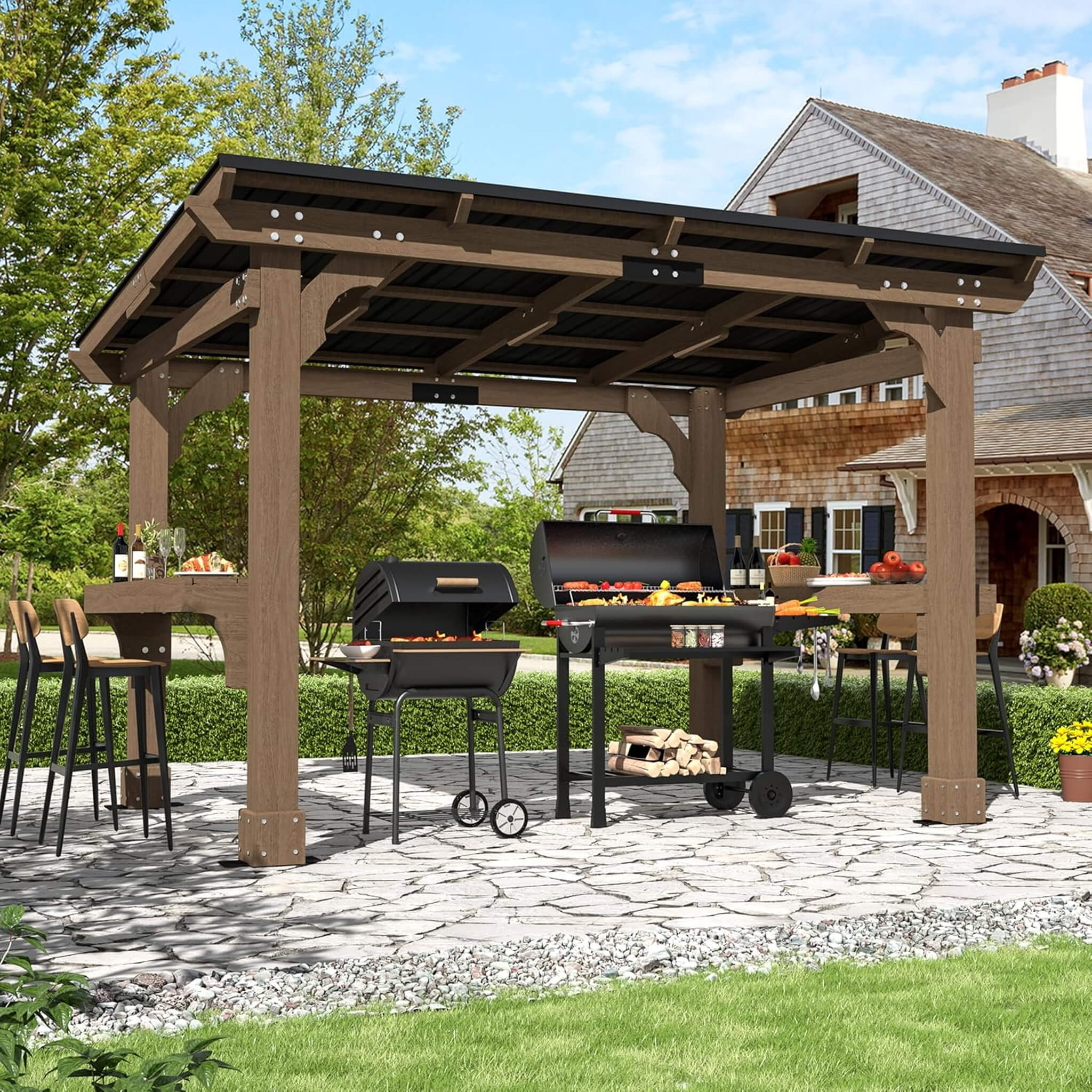 Alora Heavy-Duty Premium Wooden Grill Gazebo With Sloped Metal Roof (SAK61583) - The Vitality Estate