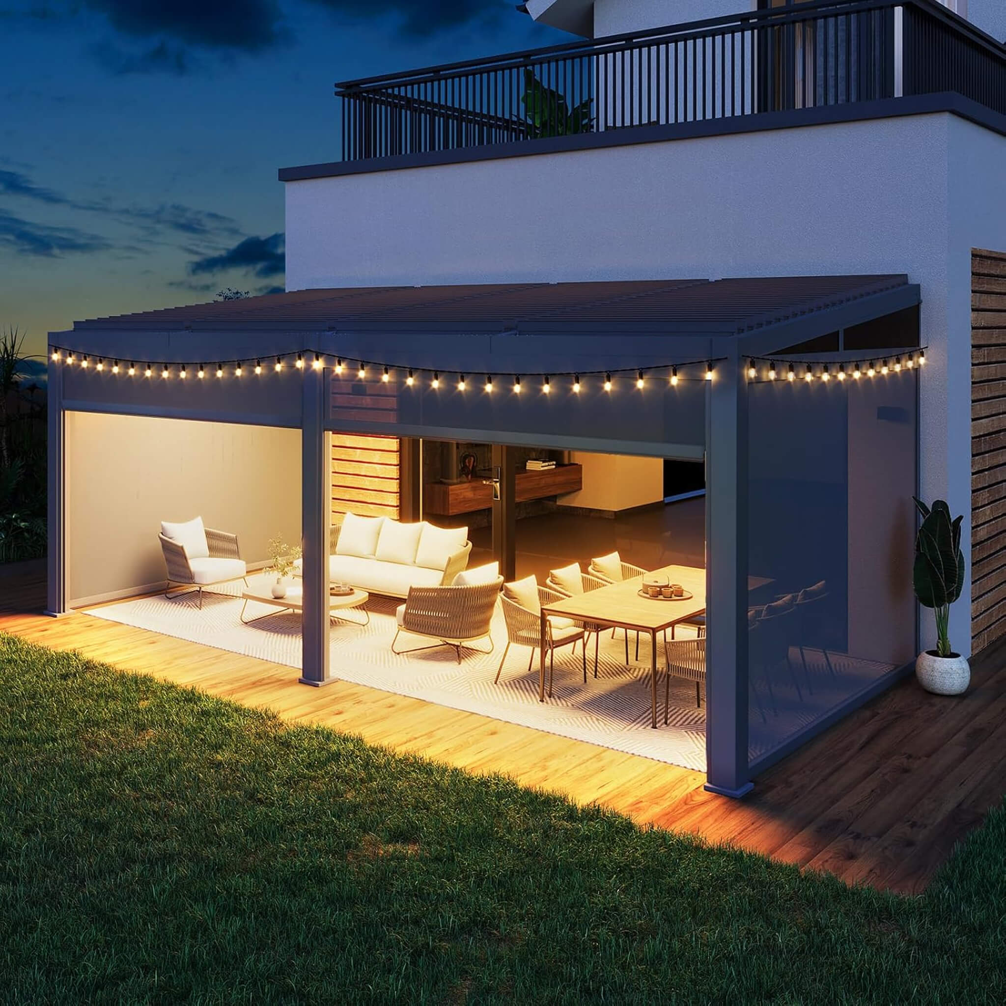 Alora Luxury Wall-Mounted Aluminum Louvered Pergola With Pull-Down Screens (SAK91537) - The Vitality Estate