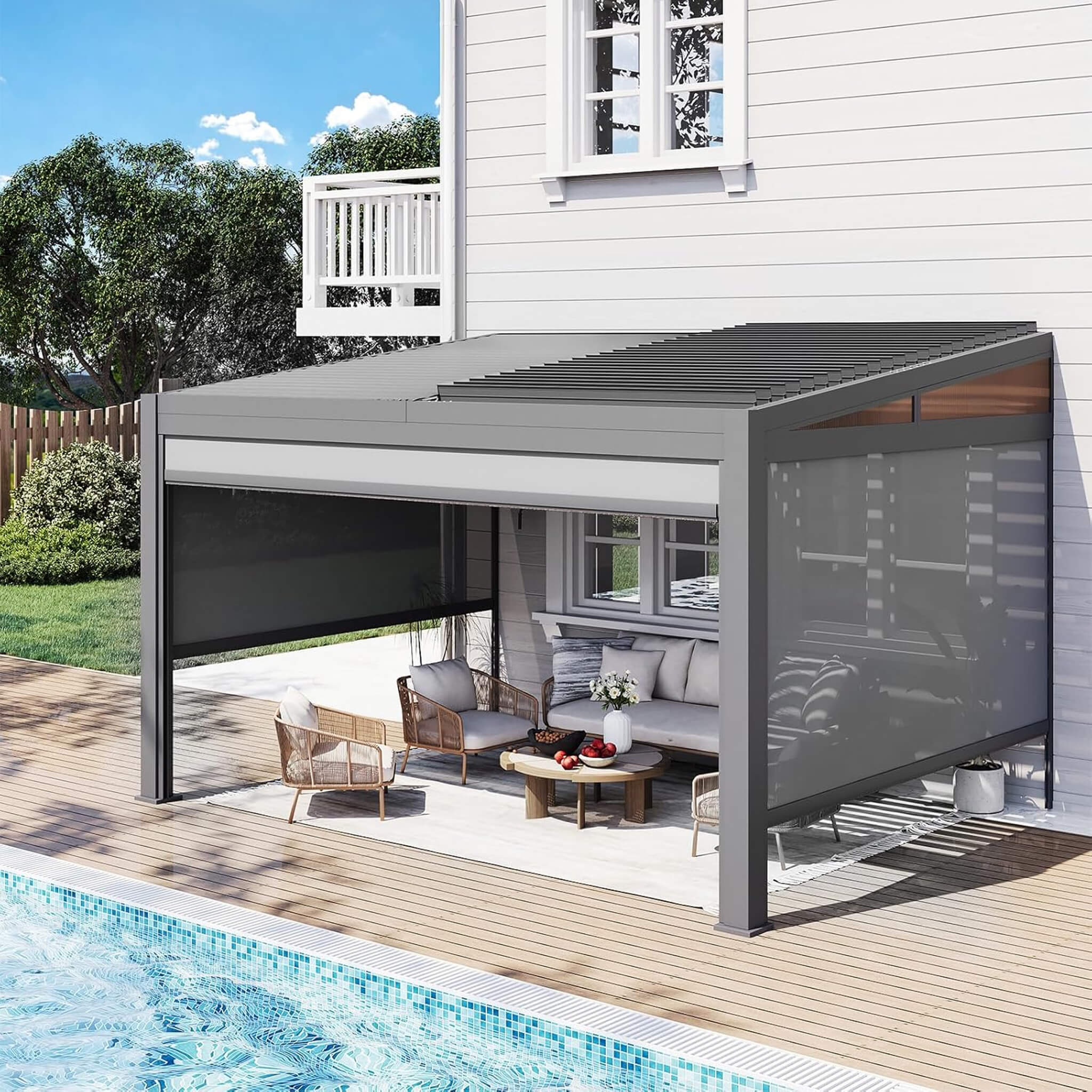 Alora Luxury Wall-Mounted Aluminum Louvered Pergola With Pull-Down Screens (SAK91537) - The Vitality Estate