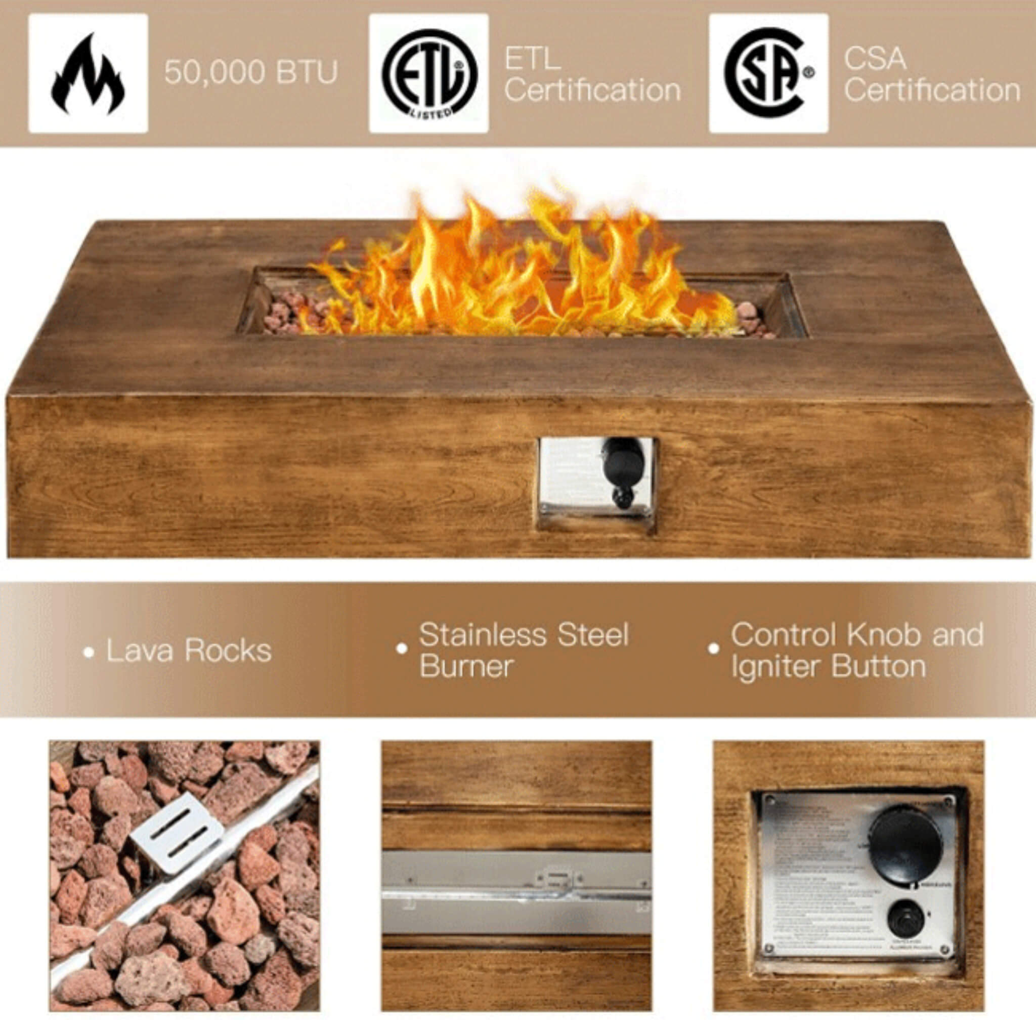 Alora Outdoor Propane Gas Fire Pit Table W/ Lava Rocks & Cover, 50K BTU (SAK94436) - The Vitality Estate