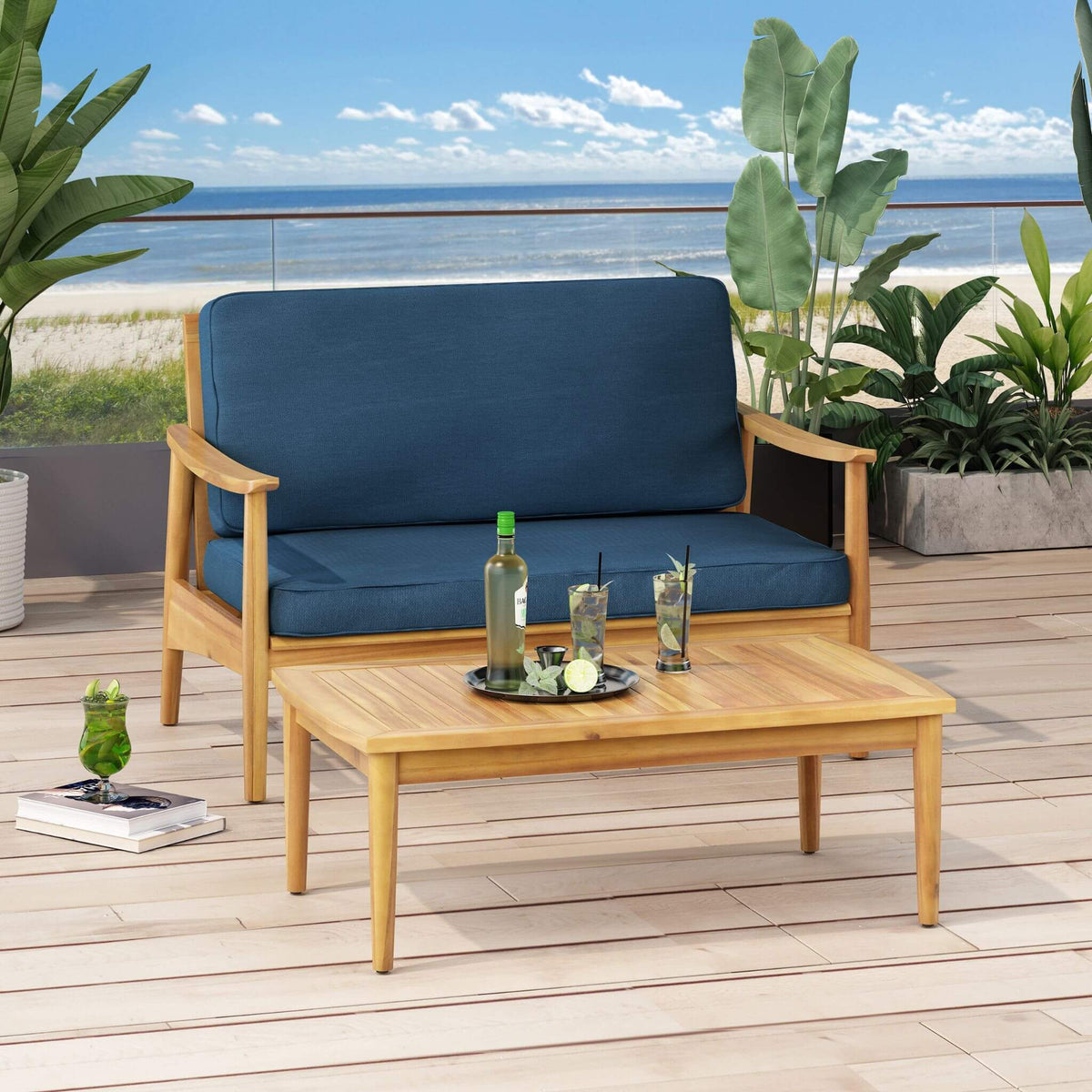 Alora Premium 4-Piece Wooden Outdoor Patio Conversation Seating Set With Cushions (SAK31469) - The Vitality Estate