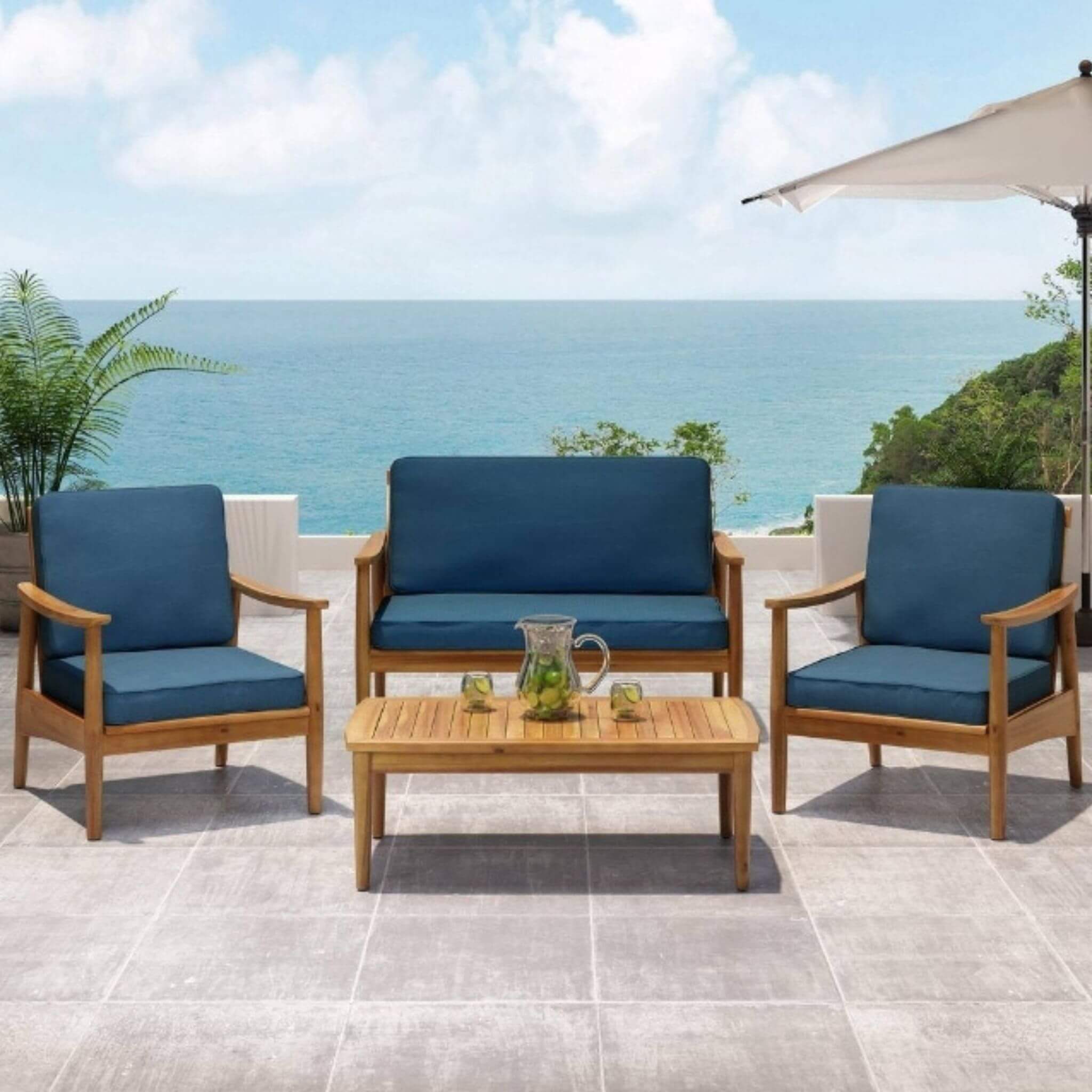 Alora Premium 4-Piece Wooden Outdoor Patio Conversation Seating Set With Cushions (SAK31469) - The Vitality Estate