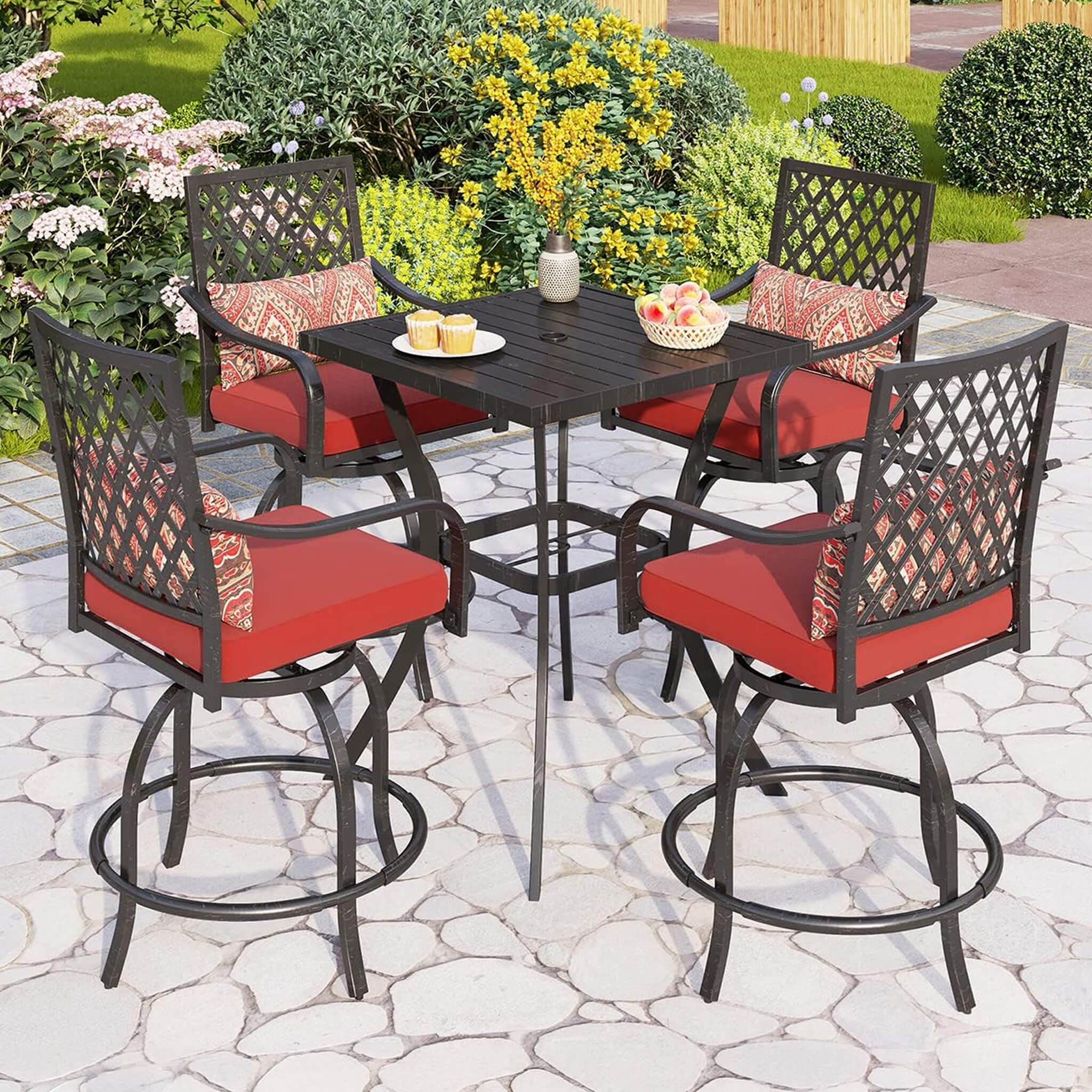 Alora Premium 6-Piece Bar Patio Furniture Set With Umbrella, Swivel Chairs, And Cushions (SAK90375) - The Vitality Estate