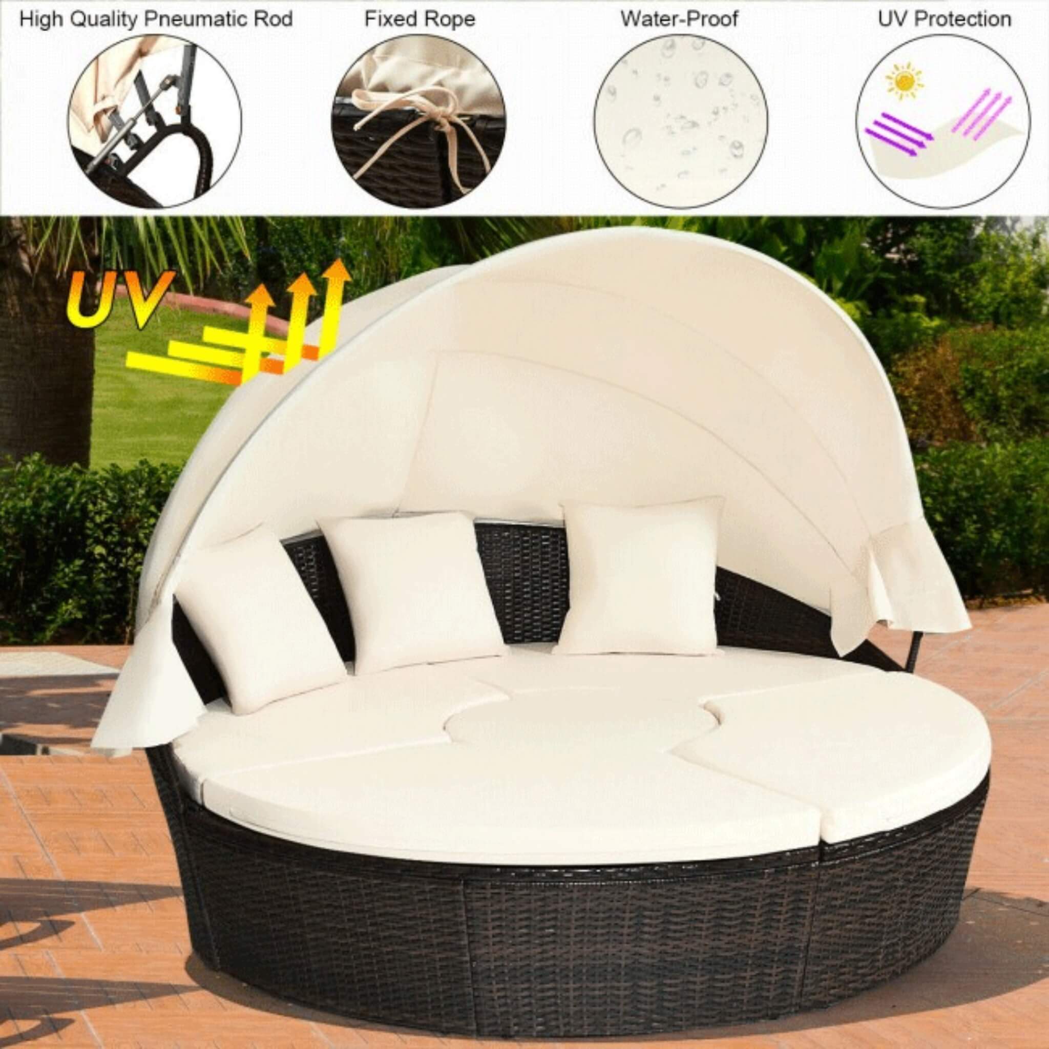 Alora Premium 76-Inch Round Outdoor Patio Rattan Daybed W/ Canopy & Table (SAK96418) - The Vitality Estate