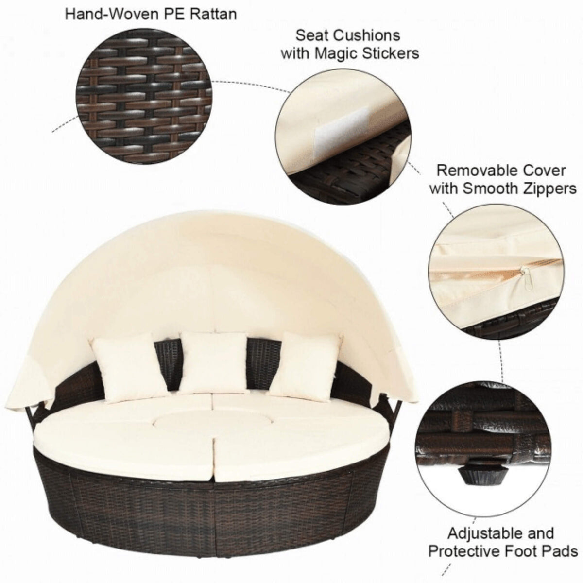 Alora Premium 76-Inch Round Outdoor Patio Rattan Daybed W/ Canopy & Table (SAK96418) - The Vitality Estate