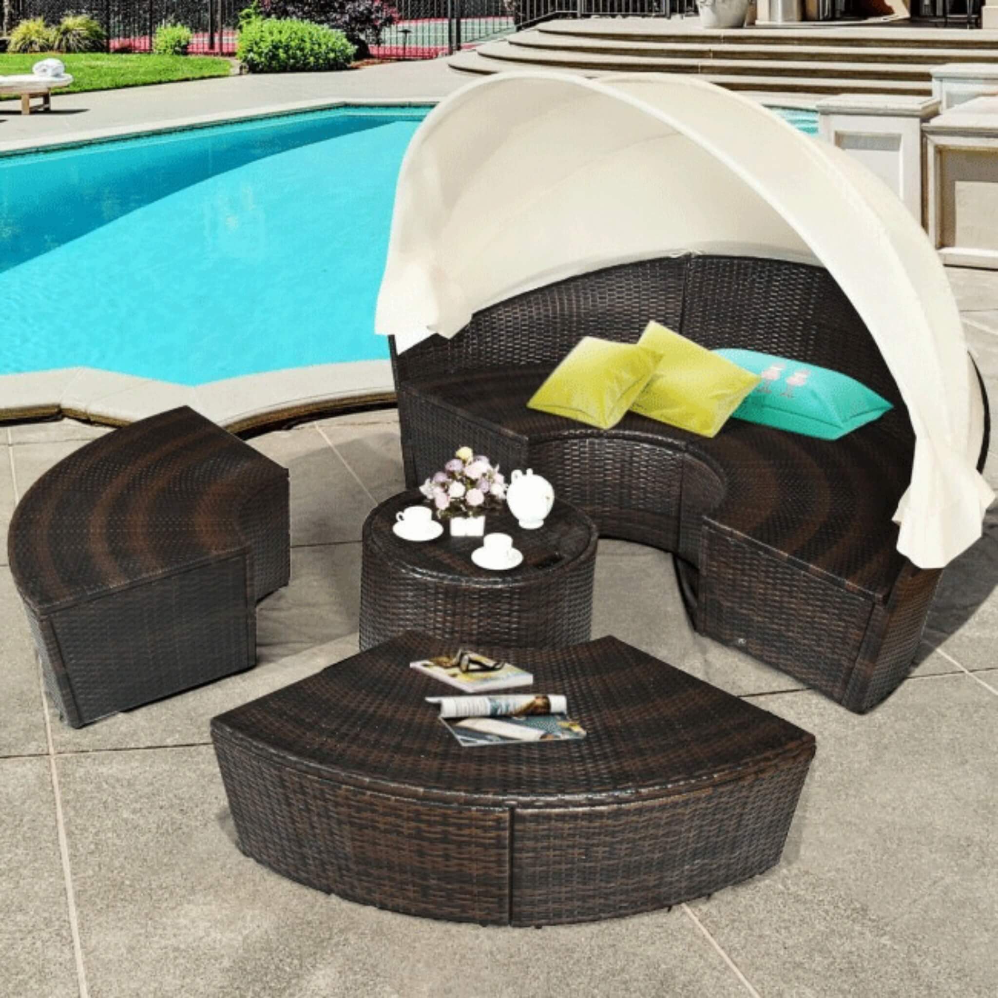 Alora Premium 76-Inch Round Outdoor Patio Rattan Daybed W/ Canopy & Table (SAK96418) - The Vitality Estate