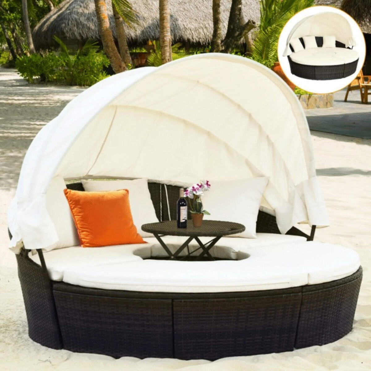 Alora Premium 76-Inch Round Outdoor Patio Rattan Daybed W/ Canopy & Table (SAK96418) - The Vitality Estate