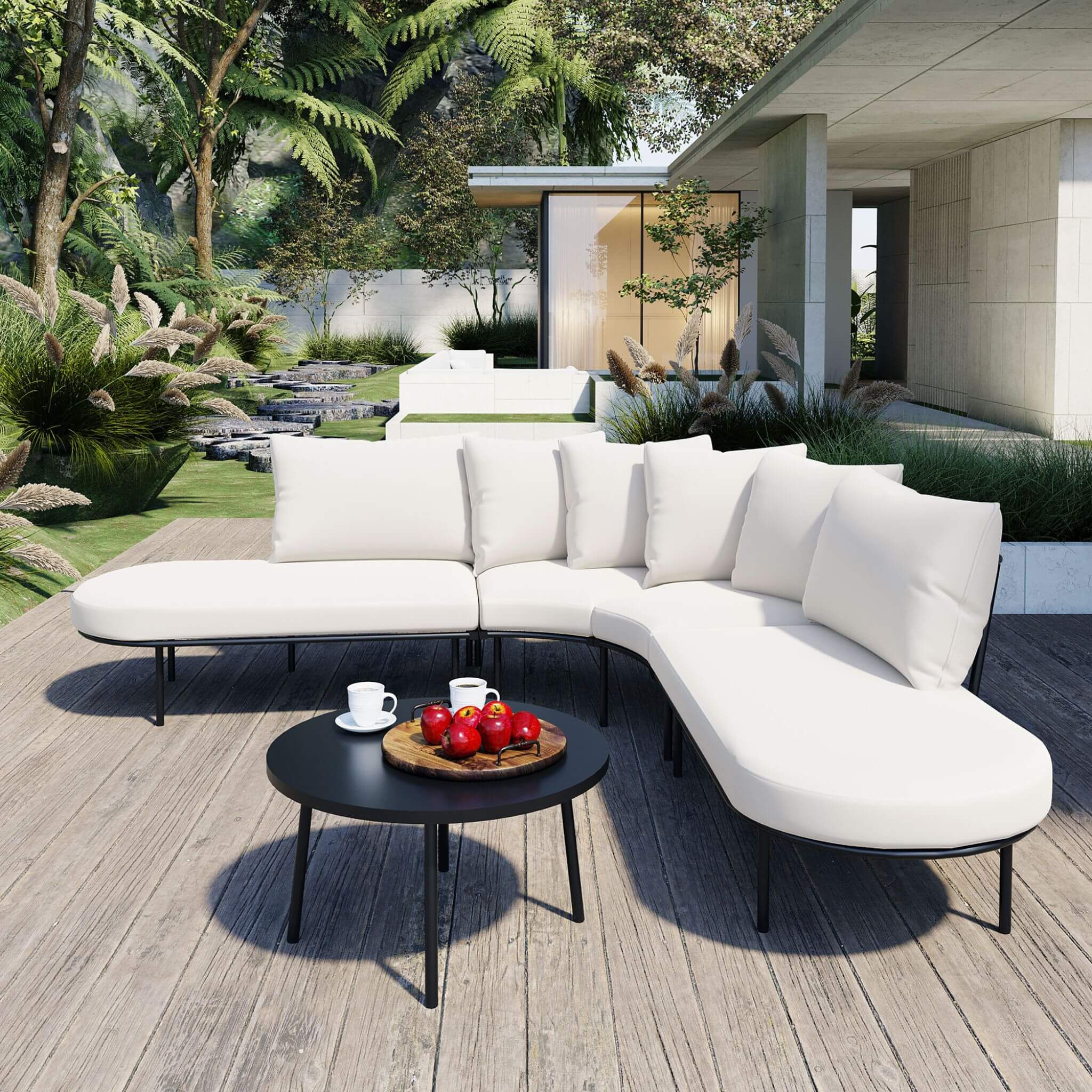 Alora Premium Half-Moon 6-Person Curved All-Weather Outdoor Furniture Sofa Patio Set With Coffee Table And Cushions (SAK76332) - The Vitality Estate