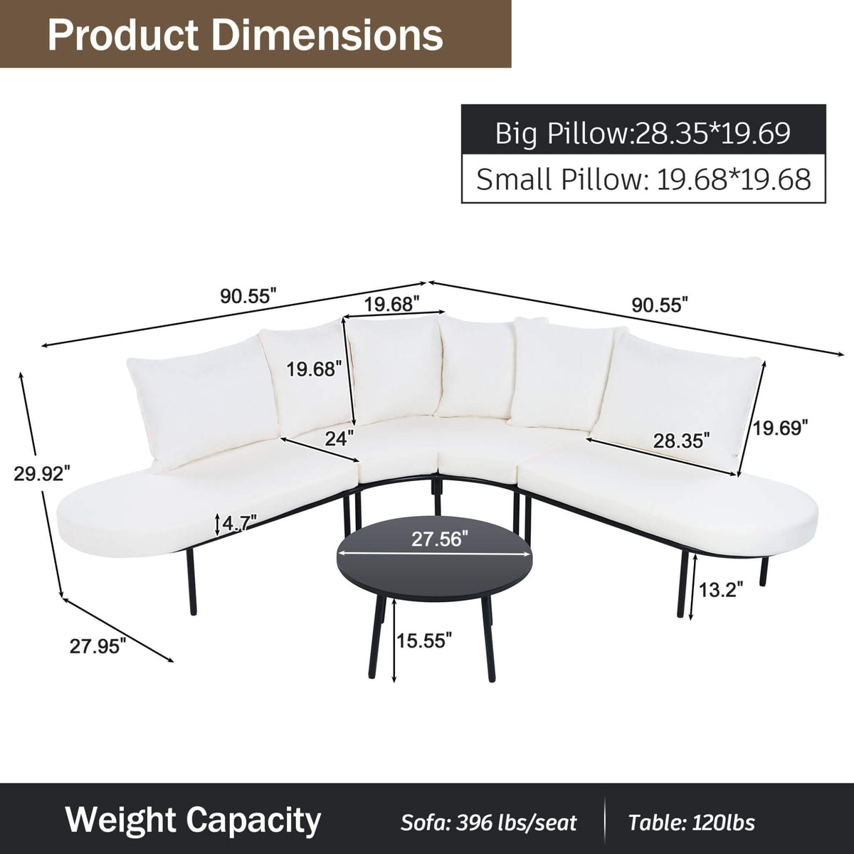 Alora Premium Half-Moon 6-Person Curved All-Weather Outdoor Furniture Sofa Patio Set With Coffee Table And Cushions (SAK76332) - The Vitality Estate