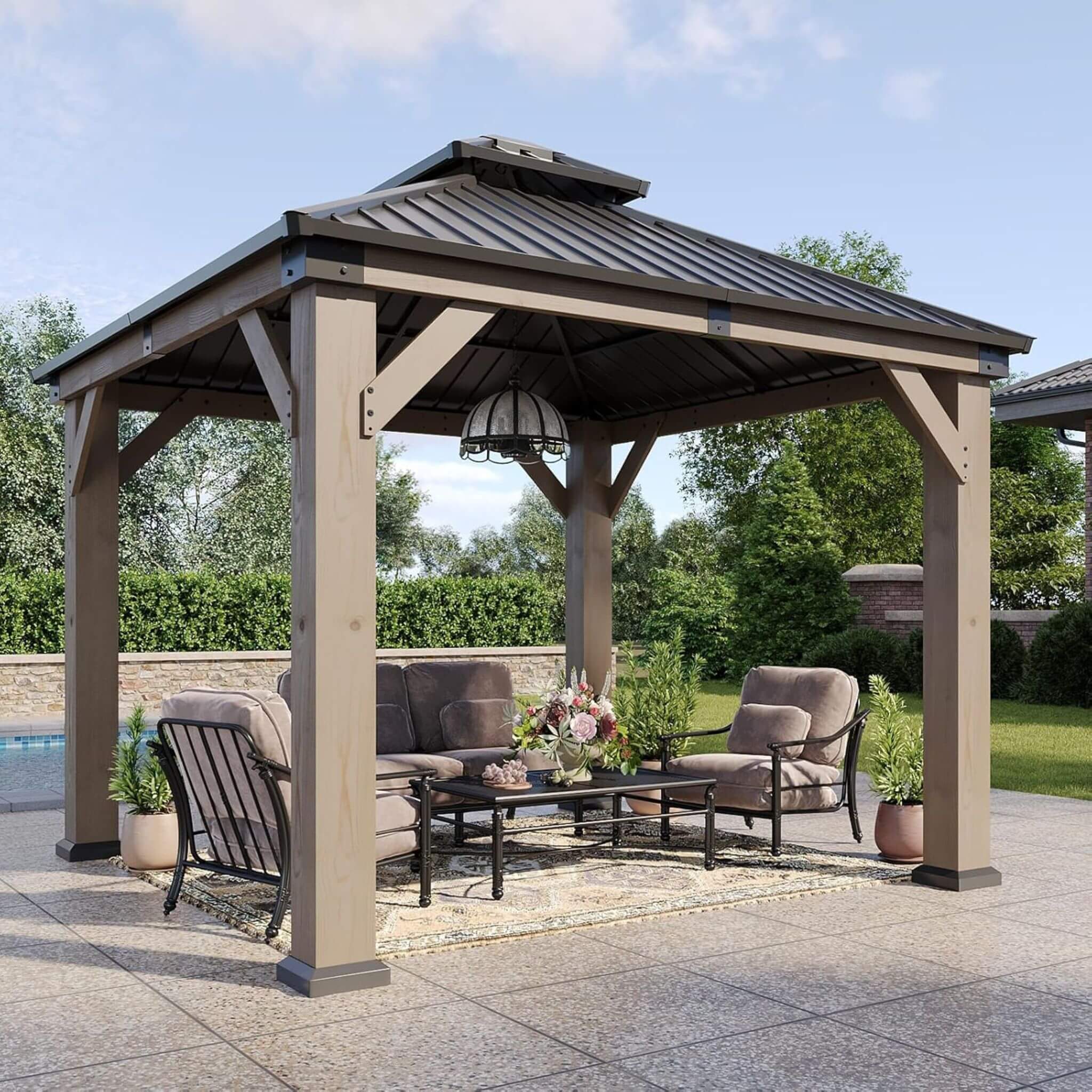 Alora Premium Outdoor Cedar Wood Galvanized Steel Hardtop Gazebo (SAK23907) - The Vitality Estate