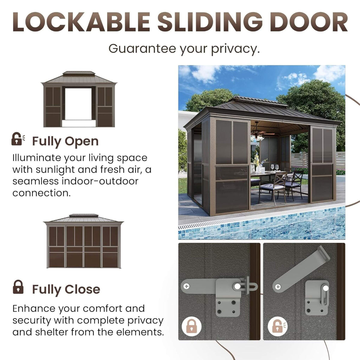 Alora Terrace Fully-Enclosed Outdoor Black Sunroom With Lockable Sliding Doors And Galvanized Double Steel Roof (SAK81634) - The Vitality Estate