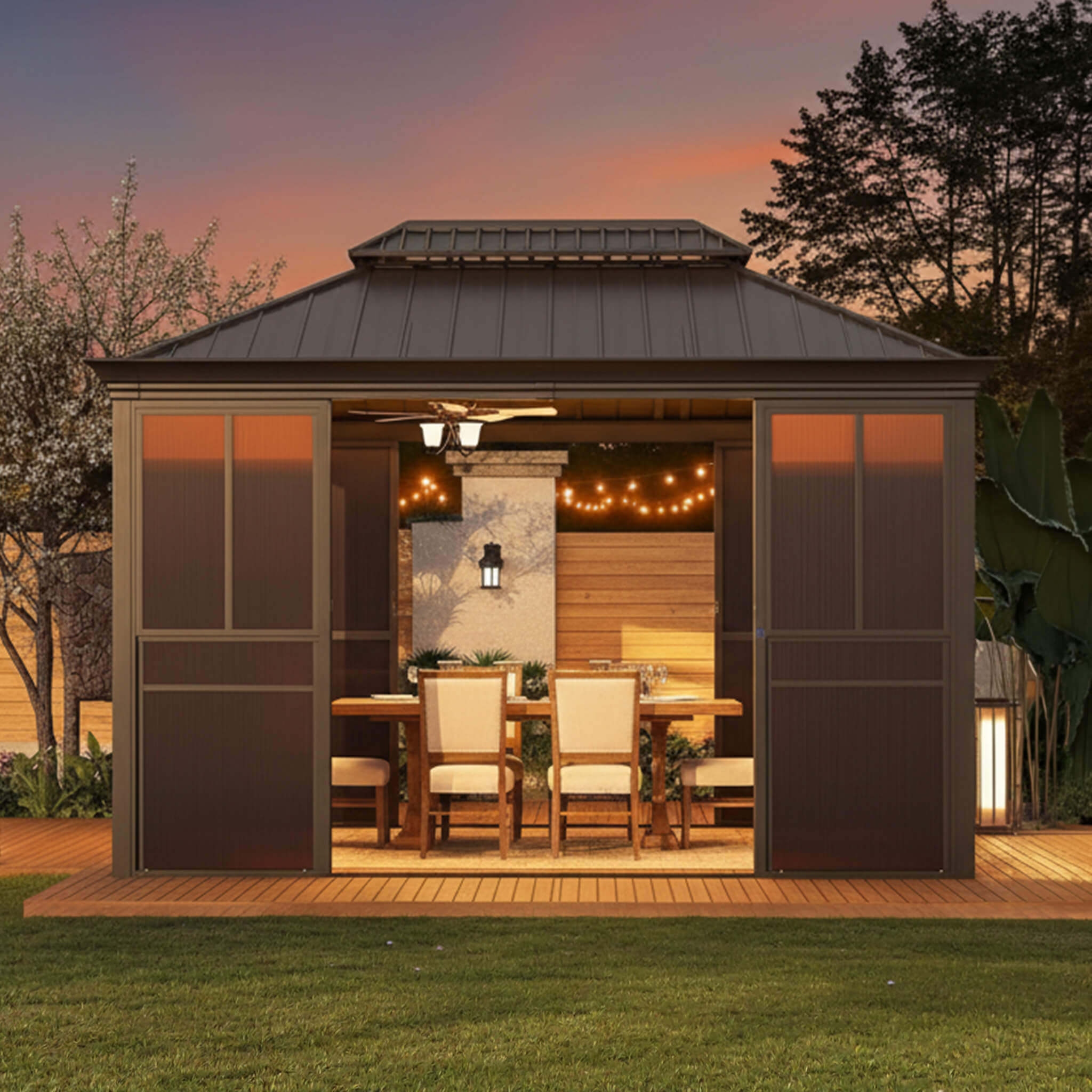 Alora Terrace Fully-Enclosed Outdoor Black Sunroom With Lockable Sliding Doors And Galvanized Double Steel Roof (SAK81634) - The Vitality Estate