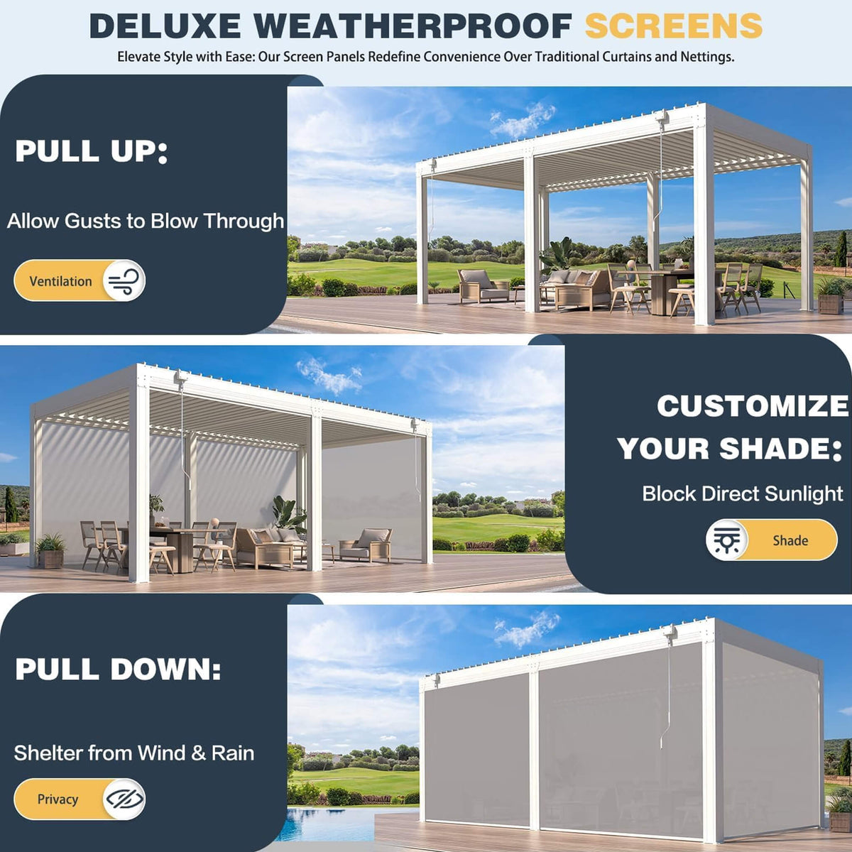 Alora White Louvered Aluminum Pergola With Adjustable Roof And Pull-Down Screens (SAK46817) - The Vitality Estate