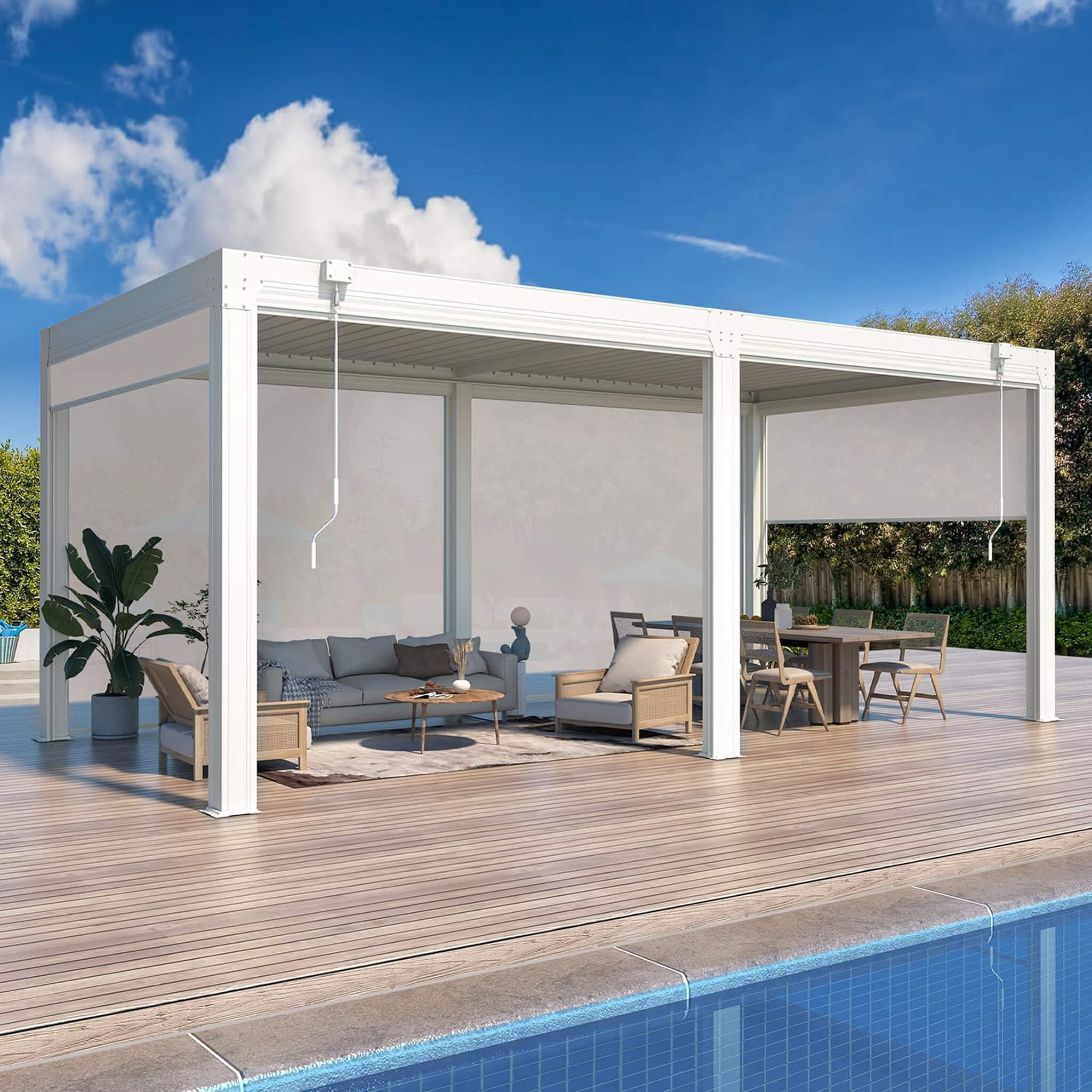 Alora White Louvered Aluminum Pergola With Adjustable Roof And Pull-Down Screens (SAK46817) - The Vitality Estate